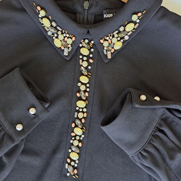 Karl Lagerfeld Black Embellished Long Sleeve Dress Size 6 Workwear Dressy - Picture 9 of 12